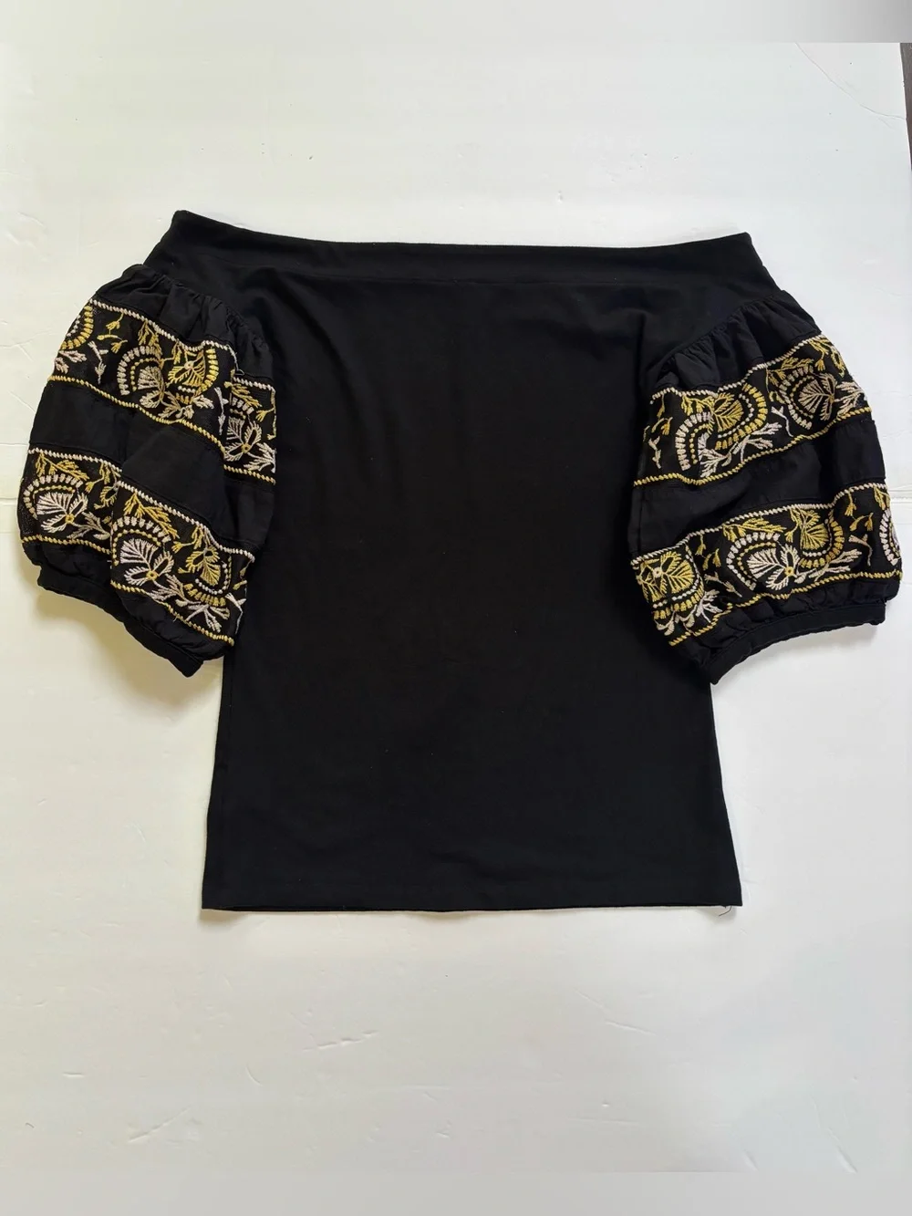 Free People Rock With It Off Shoulder Top Black Embroidered Puff Sleeve S/P